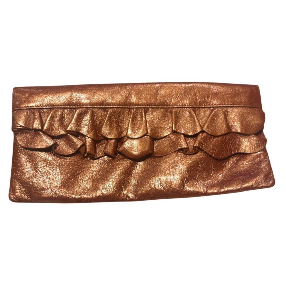 HOBO International Audrey Vintage Leather Clutch Metallic Copper Ruffle Bag